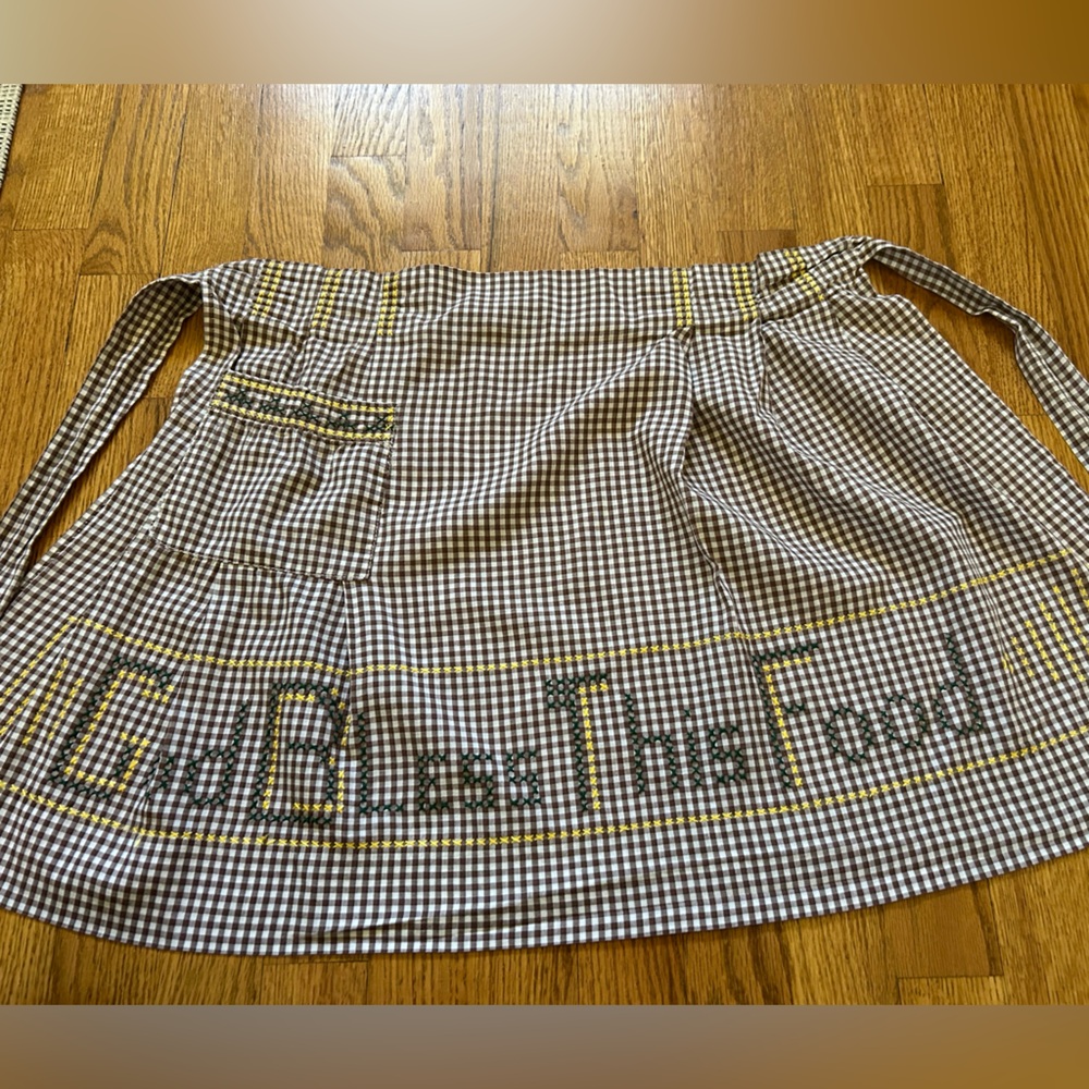 Hand Crafted Brown and White Gingham Kitchen Half Apron with Yellow Accent